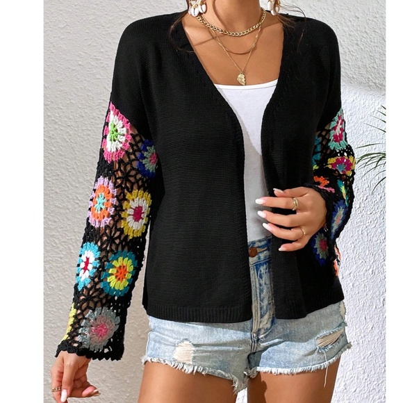 Boho Crochet Knit Open Front Oversized Cardigan - Picture 3 of 6